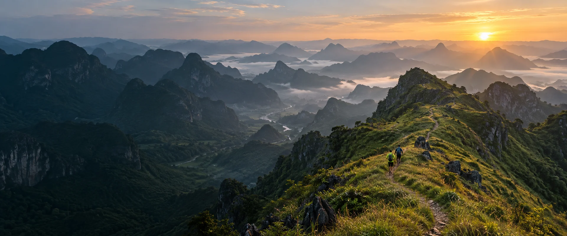 晨光照亮山间小路，两位徒步者沿喀斯特山脊前行